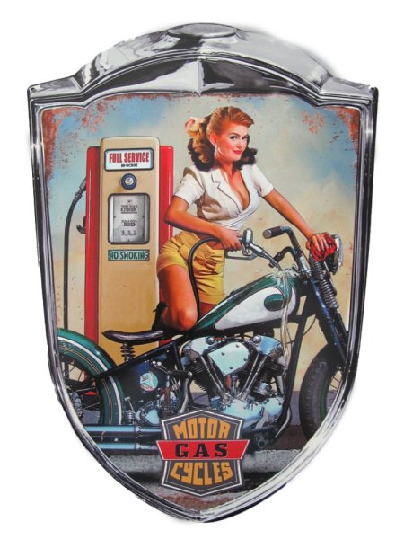 Blechschild - Wandschild - PinUp Girl betankt Motorrad- Motor Gas Cycles - 35 cm