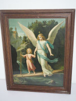 Bild - Druck - Heiligenbild - Engel und Kind Hand in Hand - Holzrahmen - 47 x 60 cm