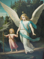 Bild - Druck - Heiligenbild - Engel und Kind Hand in Hand - Holzrahmen - 47 x 60 cm