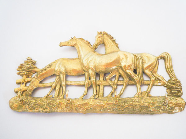 Wandgarderobe - Messing - Pferde - 4 Haken - 27 x 15 cm
